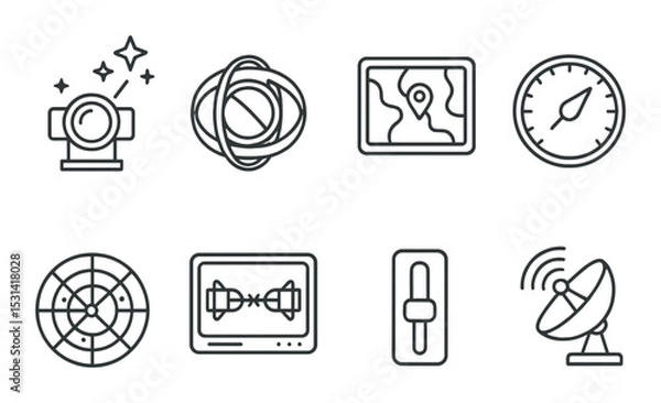 Fototapeta Technology icon set. communication devices silhouette. camera, gps, radar, satellite vector icons.