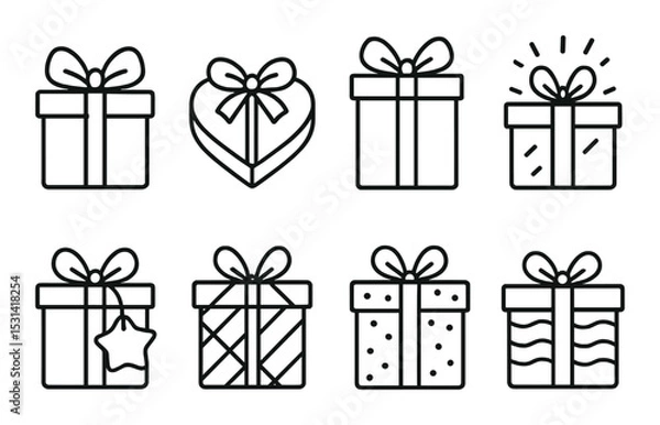 Fototapeta Gift box set. linear present, heart, ribbon, star, wrapped, festive, bow vector icons.