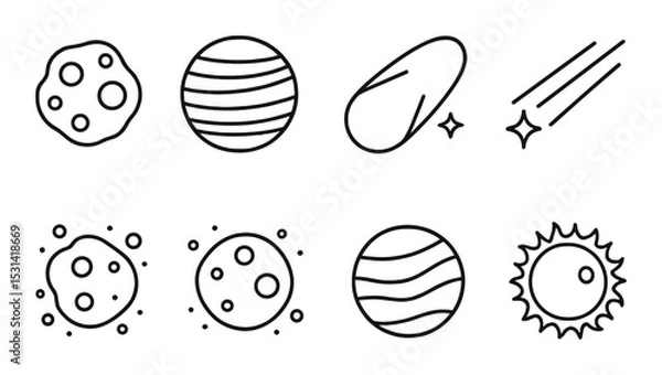 Fototapeta Space objects icon set. asteroid, planet, comet, meteor, sun in linear style vector icons