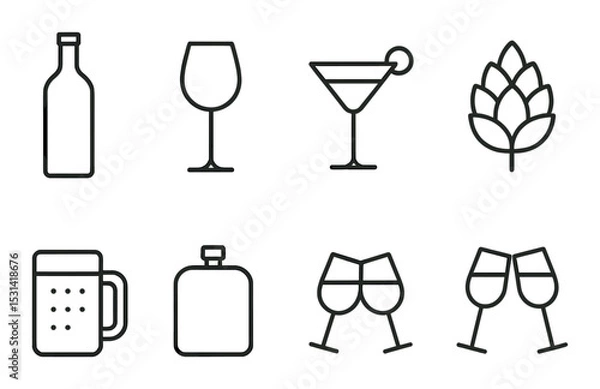 Fototapeta Beverage icon set. drink collection linear style: bottle, glass, beer, martini, cheers vector icons.