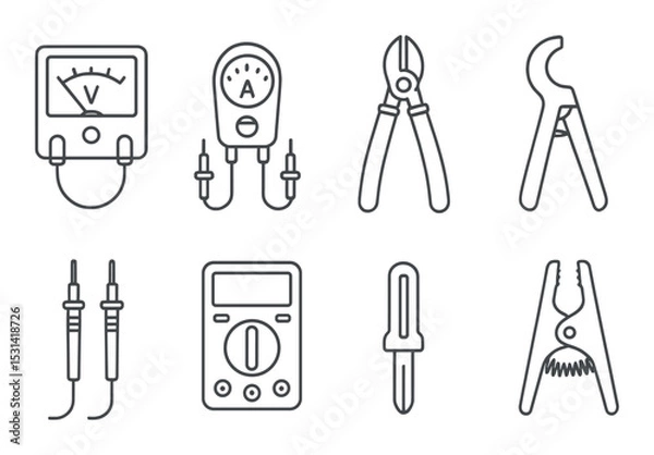 Fototapeta Electrical tool set. linear electrician tools: multimeter, pliers, wire cutters vector icons.