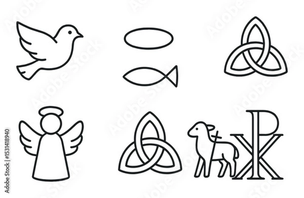 Fototapeta Christian symbol set. religious flat icons. dove, fish, trinity, angel, lamb vector icons.