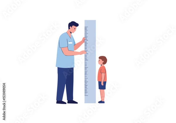 Fototapeta A doctor measures a child's height with a measuring stick. A clear, friendly illustration for health and wellness visuals. Suitable for educational and promotional use.