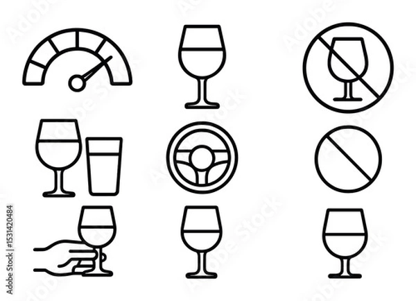 Fototapeta Alcohol awareness set. drinks steering wheel linear icons. glass, wine, no-alcohol, speed vector icons.