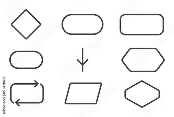 Fototapeta Flowchart diagram set. linear flow shapes: start, process, decision, arrow, connector vector icons.