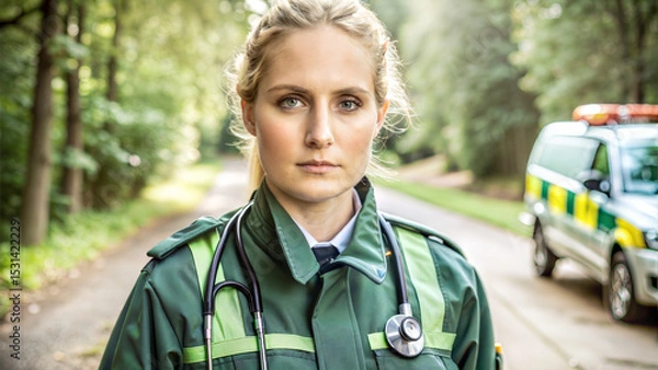 Obraz Female paramedic standing confidently in a forest with an ambulance in the background