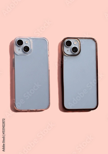 Fototapeta Comparison of new and old transparent phone cases on pink background. Smartphone protection devices