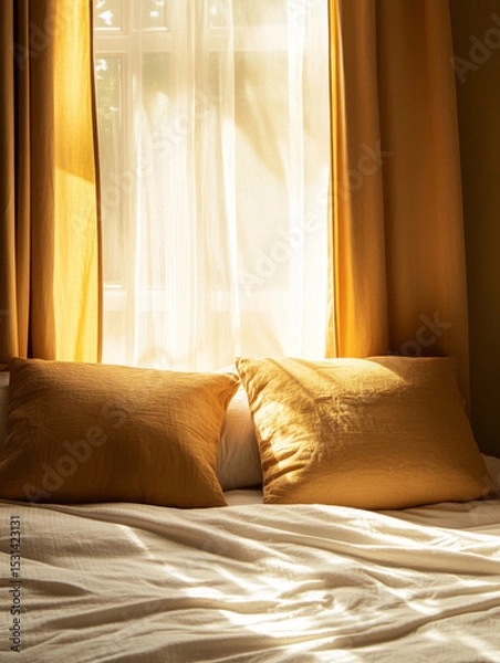 Fototapeta Cozy bedroom scene featuring neatly made bed with soft, golden pillows and warm curtains that filter sunlight, creating tranquil atmosphere