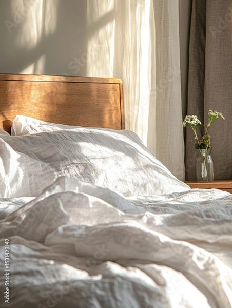 Fototapeta Serene bedroom scene featuring freshly made bed with soft, white linens, bathed warm sunlight. wooden headboard complements tranquil atmosphere, while small vase with flowers adds touch of nature