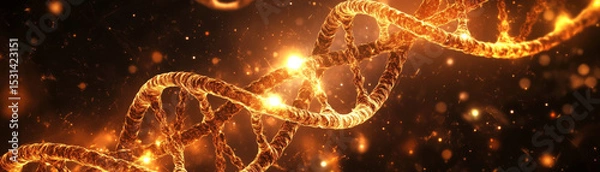 Fototapeta Mesmerizing image of glowing DNA strand, showcasing intricate details and vibrant colors. golden hues and sparkling lights create otherworldly atmosphere, evoking sense of wonder and discovery