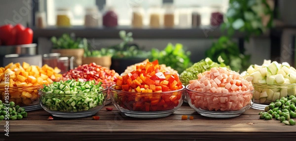 Fototapeta Colorful array of chopped vegetables including bell peppers, cucumbers, and carrots arranged in glass bowls on wooden table, creating vibrant and fresh meal preparation scene