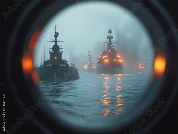Fototapeta Mysterious naval scene captured through porthole, showcasing warships in foggy atmosphere. tension is palpable as ships loom ominously, illuminated by their lights
