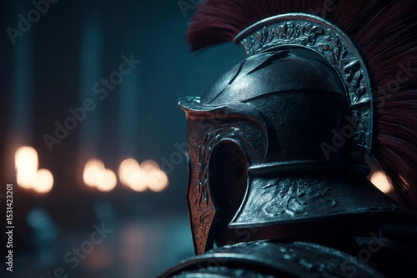 Fototapeta Detailed close up of Roman gladiator helmet, showcasing intricate designs and striking red plume. background features soft, ambient lighting, enhancing warrior imposing presence