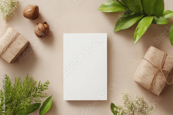 Fototapeta Blank card is surrounded by natural elements like leaves, nuts, and wrapped packages, creating serene and organic atmosphere. This composition is perfect for showcasing eco friendly products