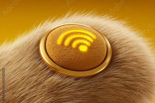 Fototapeta Creative illustration of paw featuring golden button with Wi Fi symbol, set against vibrant yellow background. soft fur texture adds playful touch to design, evoking sense of warmth and innovation