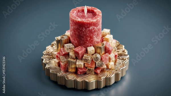 Fototapeta Beautifully crafted candle sits atop intricate golden base, surrounded by decorative elements. rich red color of candle contrasts elegantly with golden accents, creating warm and inviting