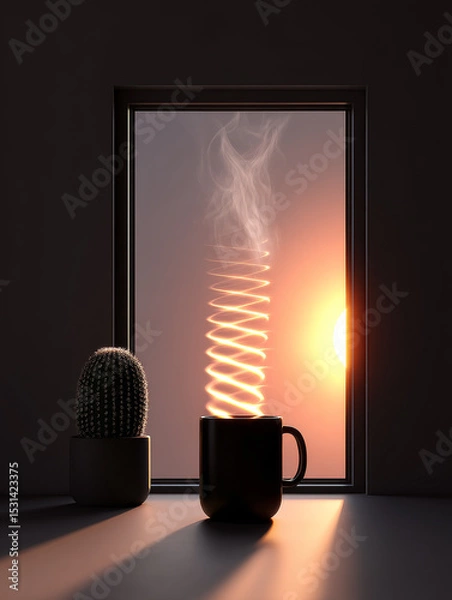 Fototapeta Serene scene featuring steaming mug placed on table beside cactus, with sunlight streaming through window. steam spirals upward, creating calming atmosphere