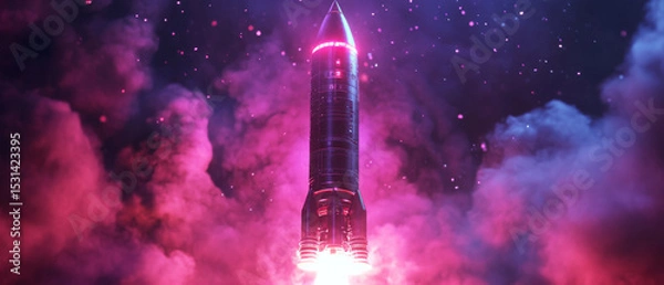 Fototapeta Stunning digital artwork of rocket launching into space, surrounded by vibrant pink and purple clouds, creating sense of excitement and adventure. rocket stands tall, ready for its journey