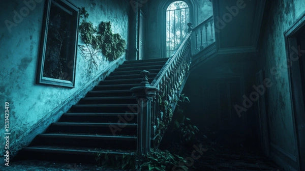 Fototapeta Abandoned gothic mansion features grand staircase enveloped in shadows and overgrown vines, evoking sense of mystery and nostalgia. dim light filters through windows, enhancing eerie atmosphere