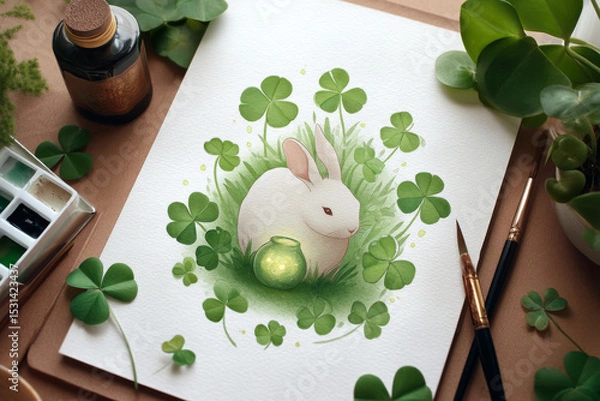 Fototapeta Charming illustration of rabbit nestled among vibrant green clovers, with glowing jar nearby, creating whimsical and serene atmosphere. artwork captures essence of nature and tranquility