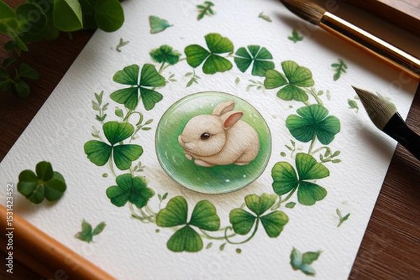 Fototapeta Charming rabbit illustration surrounded by vibrant green clovers, showcasing intricate details and serene atmosphere. artwork captures essence of nature beauty and tranquility