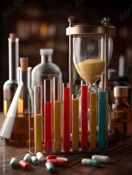 Fototapeta Captivating scene featuring hourglass alongside colorful test tubes filled with vibrant liquids, symbolizing passage of time and scientific exploration. background includes various glass