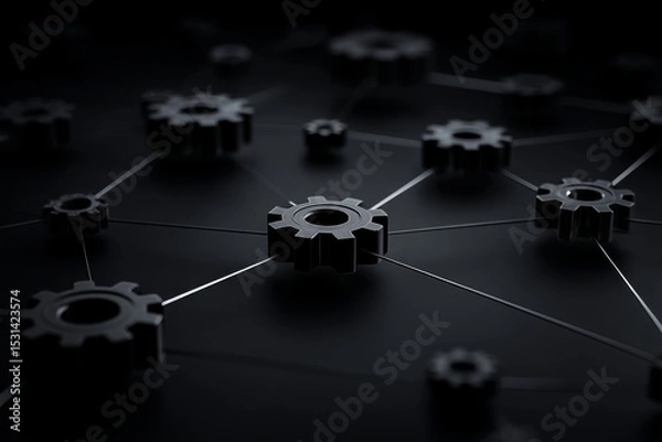 Fototapeta Close up view of interconnected gears on dark background, symbolizing collaboration and technology. intricate design showcases mechanical elements working together harmoniously