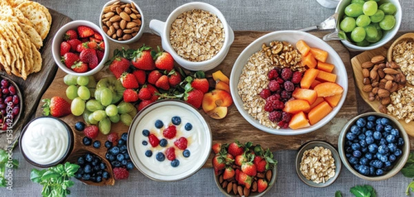 Fototapeta Vibrant and wholesome breakfast display featuring variety of fresh fruits granola yogurt and nuts. This colorful spread includes strawberries blueberries grapes and almonds creating delightful