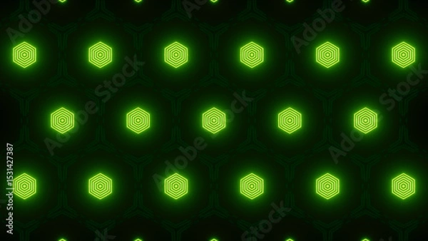 Fototapeta Green geometric pattern with glowing hexagonal shapes on a dark background.