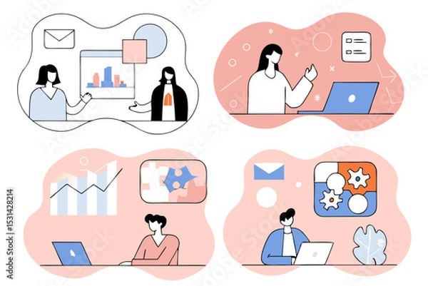 Fototapeta man and woman business and work meetings with results and graphic charts and social media tools