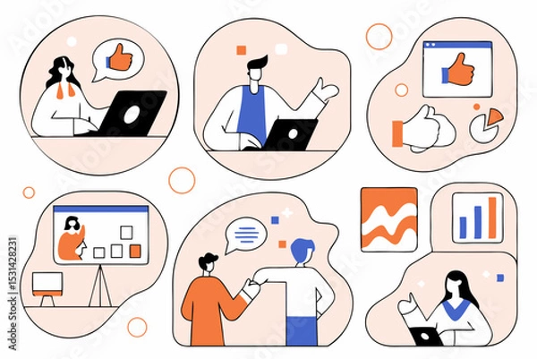 Fototapeta man and woman business and work meetings with results and graphic charts and social media tools