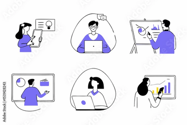Fototapeta set of Social Media Marketing illustrations Collection of scenes with men and women taking part in business activities. Trendy vector style