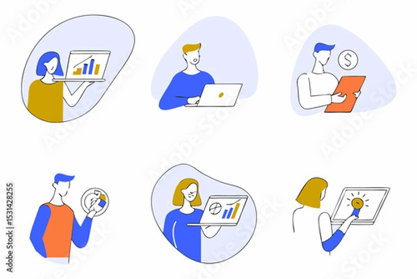Fototapeta set of Social Media Marketing illustrations Collection of scenes with men and women taking part in business activities. Trendy vector style