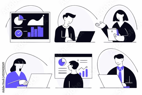 Fototapeta set of Social Media Marketing illustrations Collection of scenes with men and women taking part in business activities. Trendy vector style