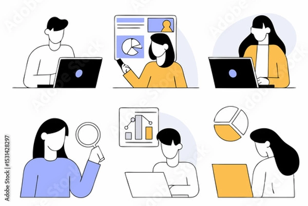Fototapeta set of Social Media Marketing illustrations Collection of scenes with men and women taking part in business activities. Trendy vector style
