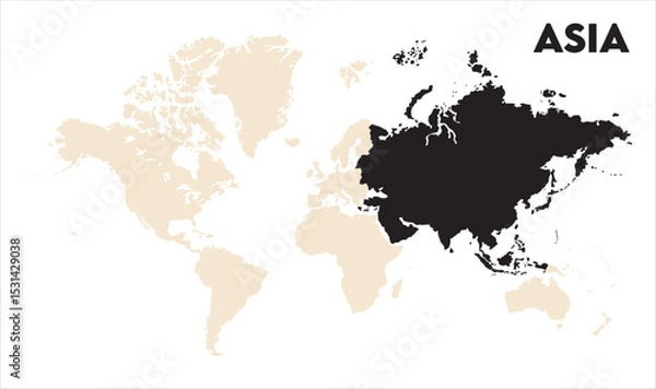 Fototapeta Asia outline in global map-02, Map of Asia, highlighted on the world map, Asia on the world map, Satellite view, Asia location on the globe.