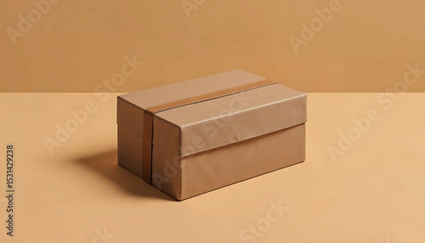 Fototapeta Stylish Tan Gift Box with Ribbon on a Matching Neutral Colored Background.