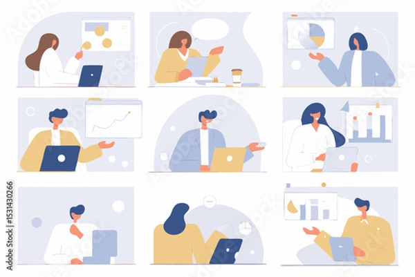 Fototapeta set of Social Media Marketing illustrations Collection of scenes with men and women taking part in business activities. Trendy vector style