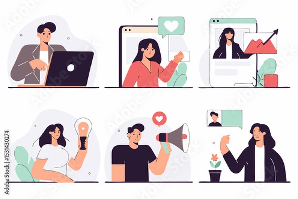 Fototapeta set of Social Media Marketing illustrations Collection of scenes with men and women taking part in business activities. Trendy vector style