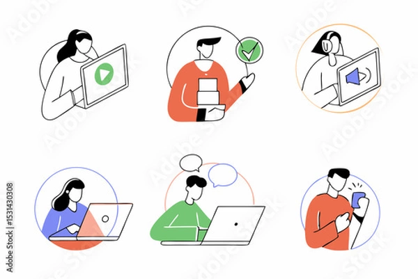 Fototapeta set of Social Media Marketing illustrations Collection of scenes with men and women taking part in business activities. Trendy vector style