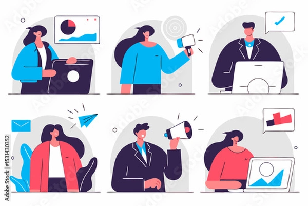 Fototapeta set of Social Media Marketing illustrations Collection of scenes with men and women taking part in business activities. Trendy vector style