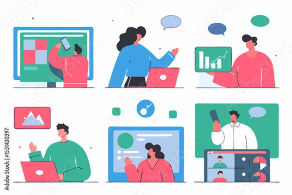 Fototapeta set of Social Media Marketing illustrations Collection of scenes with men and women taking part in business activities. Trendy vector style