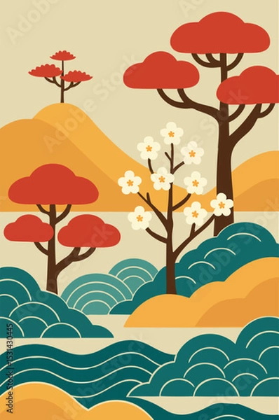 Fototapeta A stylized landscape illustration featuring bold red trees, blooming cherry blossoms, rolling yellow hills, and abstract teal waves in a flat retro Japanese-inspired design.