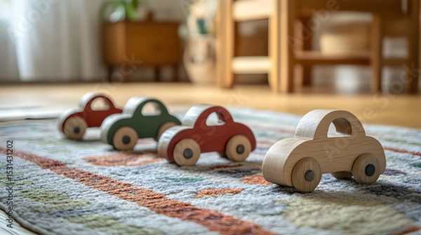 Fototapeta carros de juguete hechos de madera coloridos y divertidos sobre un tapete con un dibujo de pista para jugar a los carritos en una habitacion o cuarto infantil 