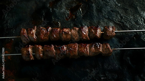 Fototapeta Rustic shish kebab skewers with b  6D677