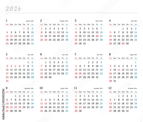 Obraz 2026年の日本の年間カレンダー	