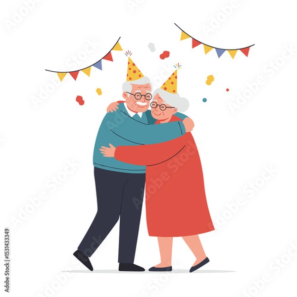 Obraz Elderly couple hugging at party with festive decorations and smiles  