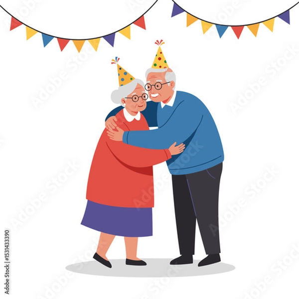 Obraz Elderly couple hugging at party with festive decorations and hats  
