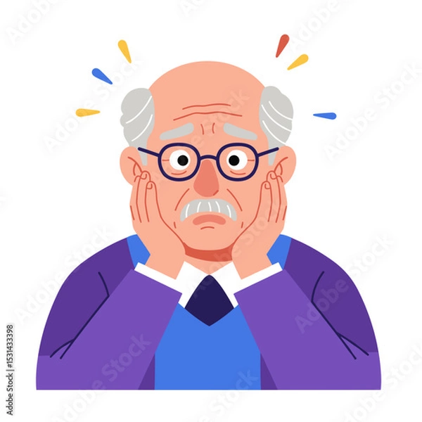 Obraz Elderly man looking anxious while holding his face with hands  