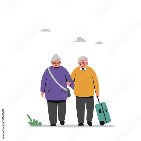 Obraz Elderly couple traveling together while holding hands with suitcase  